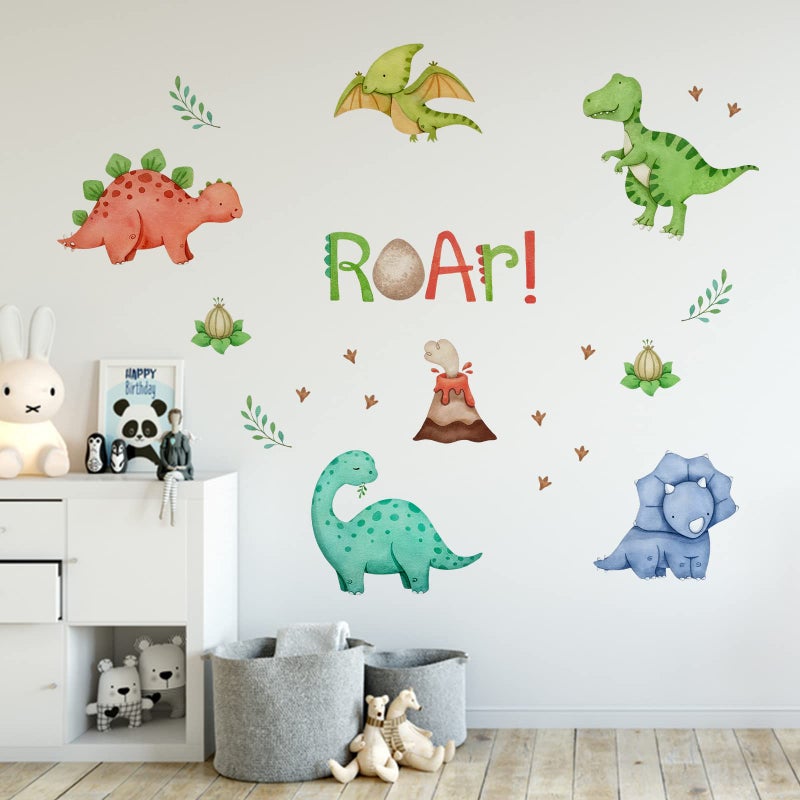 Mfault Watercolor Dinosaur Roar Wall Decals Stickers, Peel Stick Dino Stegosaurus Volcano Nursery Decorations Baby Boys Girls Bedroom Playroom Art, Neutral Tyrannosaurus Rex Kids Classroom Room Decor - Image 3